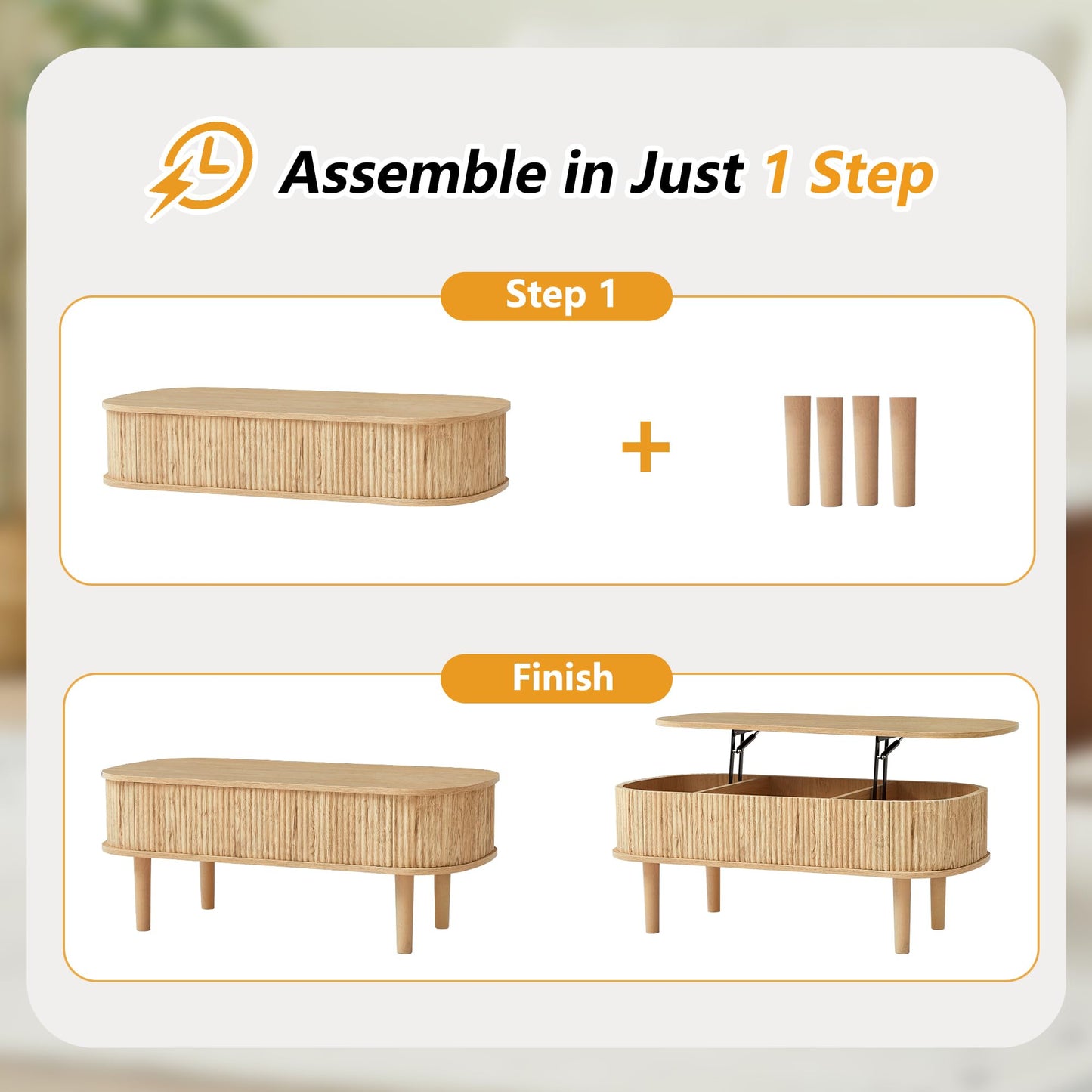 Fluted Lift Top Coffee Table with Hidden Compartment, Fully Assembled Wooden Center Table, Modern Oval Lift Tabletop for Home Living Room Office, Natural
