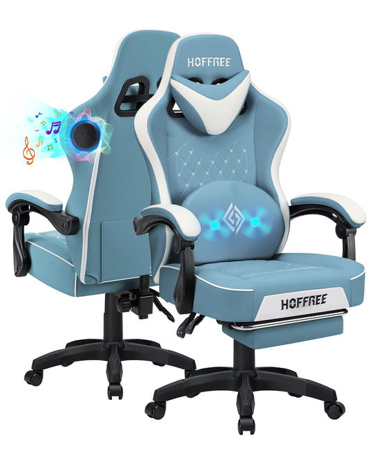 HOFFREE Gaming Chair Computer Chair with Speakers Massage Game Chairs with Footrest Bluetooth High Back Ergonomic Computer Gaming Chairs for Adults Reclining Video Gamer Chair Stone Blue and White