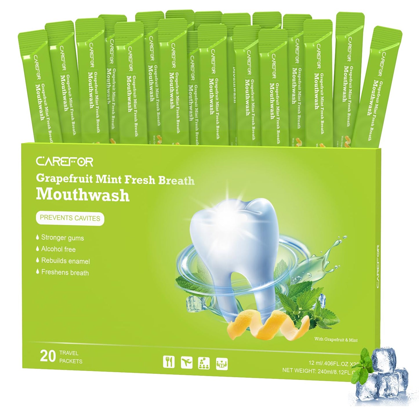 Travel Size Mouthwash Packets – Individual Mini, Alcohol & Fluoride Free, Grapefruit Mint Flavor, Mouthwash to Go for On-The-Go Freshness, Bulk Packets 0.41 Fl Oz