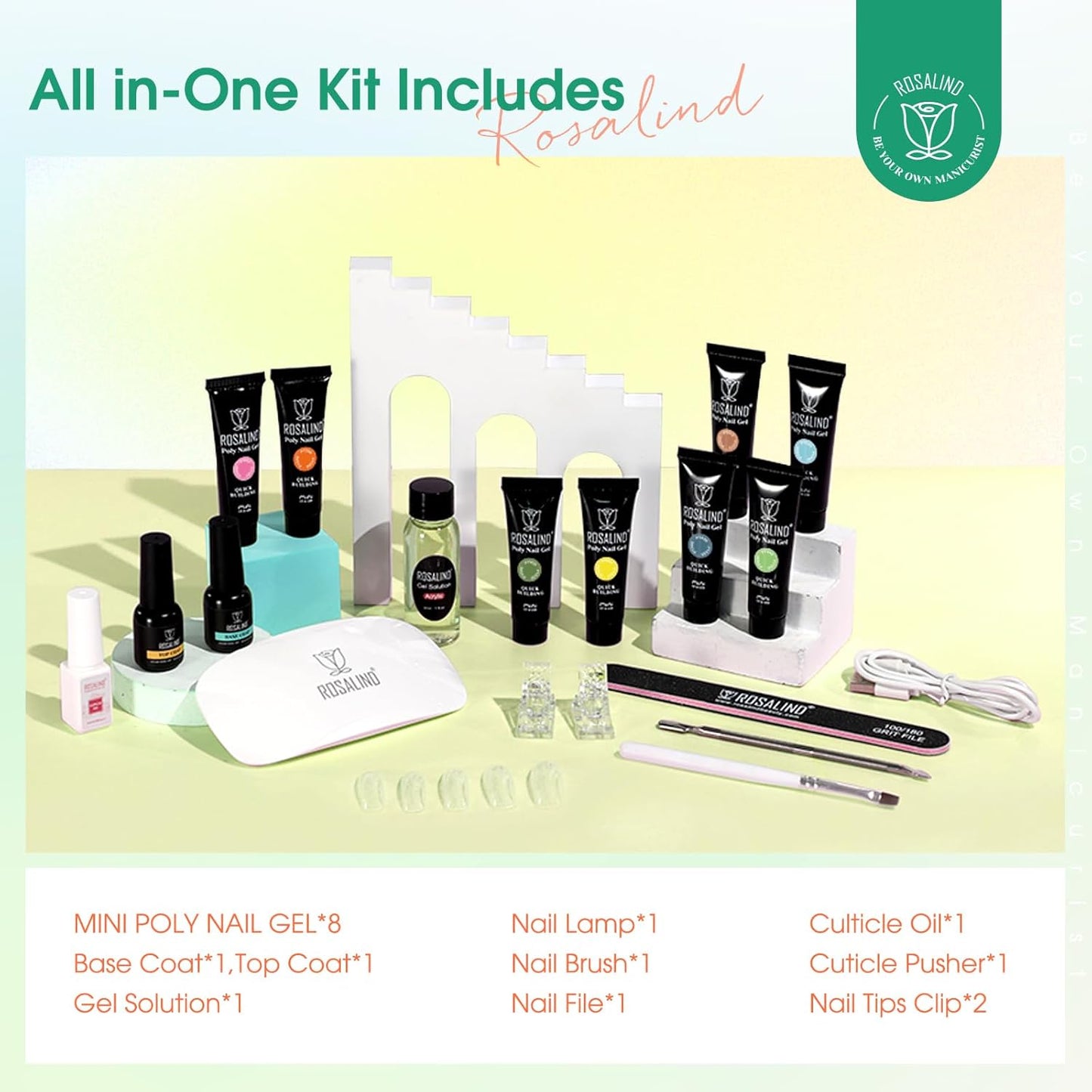 ROSALIND 8PCS Poly Nail Gel Kit with Mini U V/LED Lamp Pastel Poly Nails Gel Kit Starter Kits Yellow Green Blue Nail Extensions Gels Set
