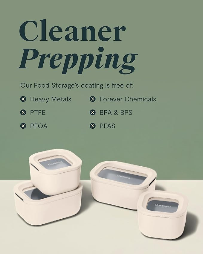 Caraway 6pc Glass Food Storage Set - 2.6 Cup Storage Containers For Food (6) - Non-Toxic Ceramic-Coated Glass - Air Release Technology - Compact & Stackable Design - Mist
