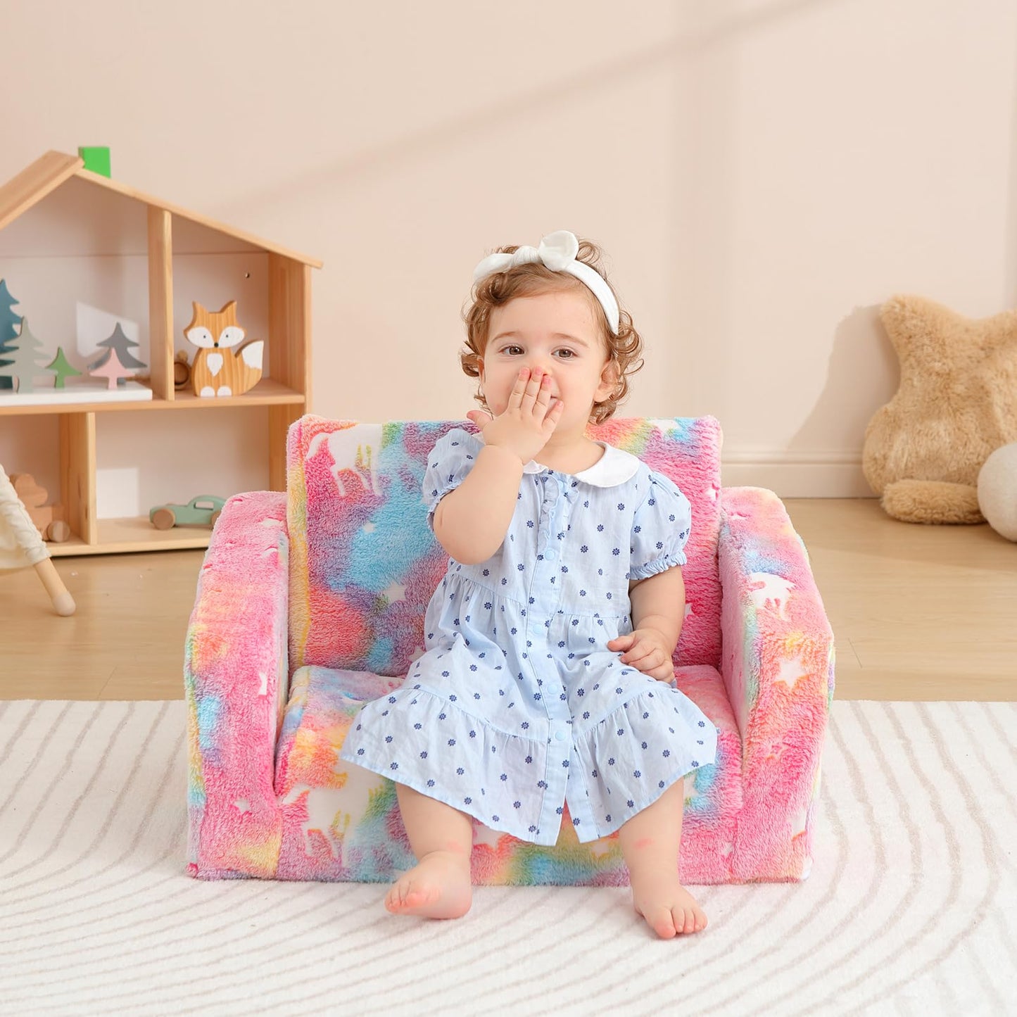 Kisdsa Kids Couch Fold Out, Foldable Toddler Couch with Blanket, Kids Sofa for Girls & Boys, Flip Out Toddler Chair, Convertible Sofa to Lounger for Children Age 1-3 (Glow Pink)