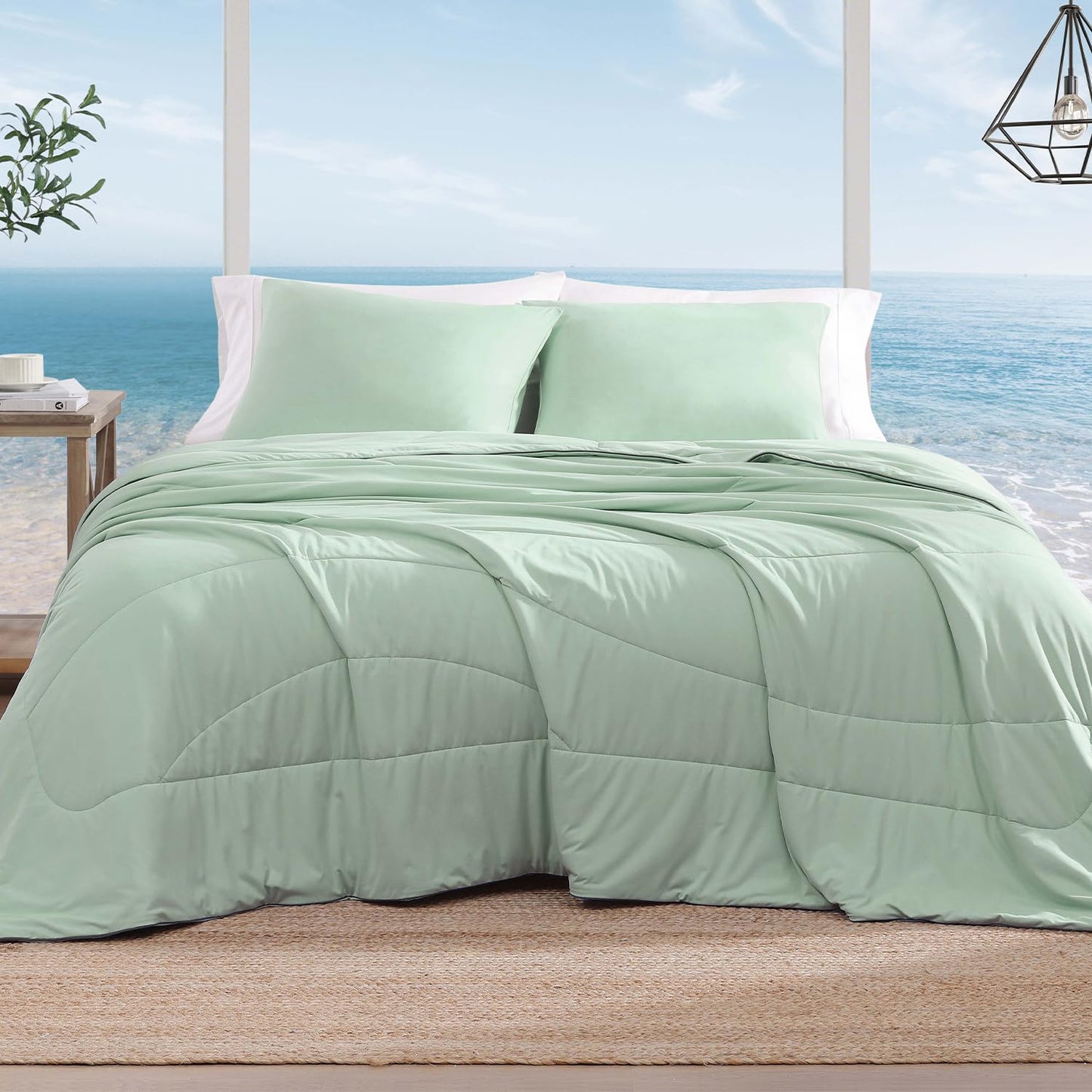 Monbix ChillChilla Cooling Comforter Queen Size-3 Pieces Cooling Blankets for Hot Sleepers and Night Sweats, Double-Sided Summer Queen Comforter Set, Breathable Lightweight Blanket Grey Green