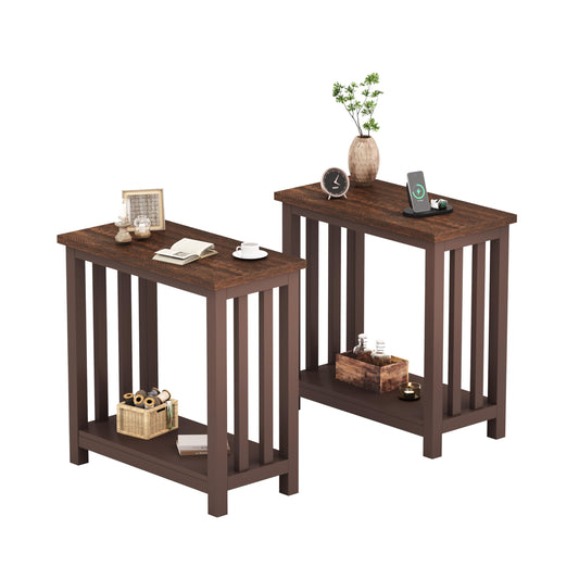 ChooChoo Mission End Tables Set of 2, Narrow Side Tables for Small Spaces, Night Stands with Storage Shelf for Living Room and Bedroom, Espresso