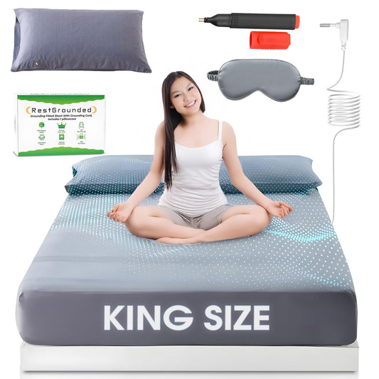Grounding Fitted Sheet for Earthing King Size, 95% Organic Cotton+5% Silver Fiber, Gray Conductive Grounded Sheets, 400 Thread Count Soft Earthing Sheet with Grounding Cord for Healthy Sleep Therapy
