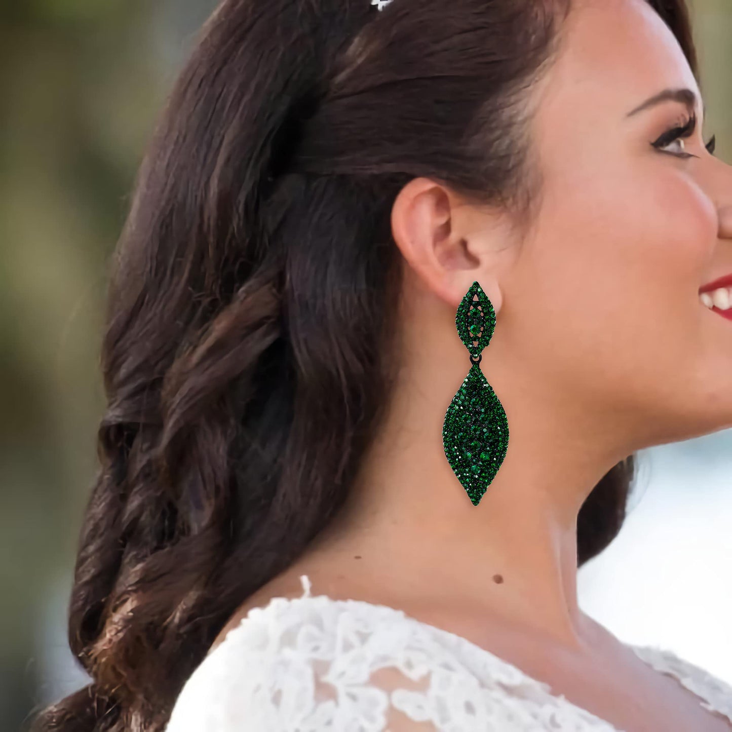 Flyonce Women's Rhinestone Crystal Wedding Bridal 2 Leaf Drop Dangle Chandelier Earrings Large Big Costume Statement Earring Green Black-Tone 3.3"