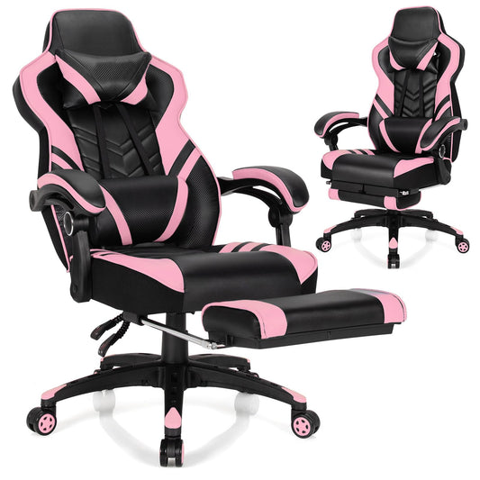 Goplus Gaming Chair, Computer Chair with Footrest and Lumbar Support, Height Adjustable Executive Swivel Rolling Task Chair with 90°-155° Tilt Function (Pink)