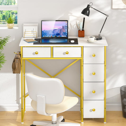 3IngSeagulls Small Computer Desk with 6 Drawers, 32 Inches Work Table for Home Office, Writing Desk with Storage, Compact Study Desk for Small Spaces, Kids Study Desk for Bedroom, White and Golden