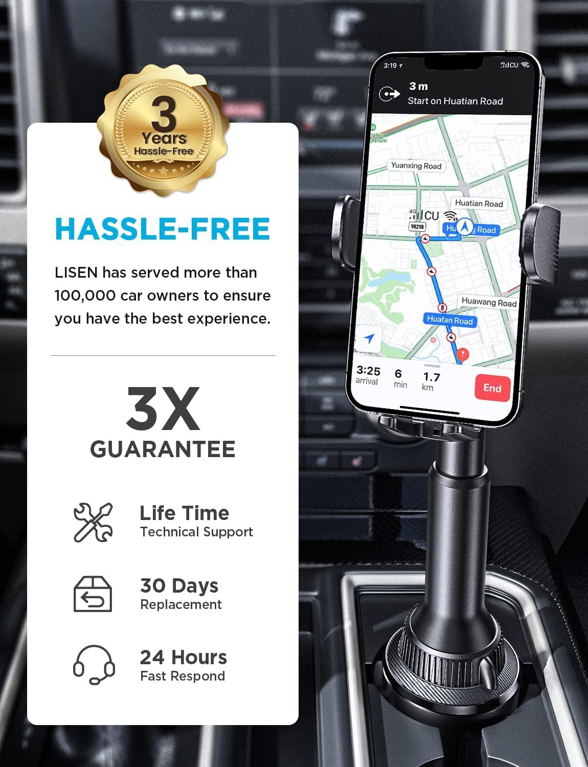 LISEN Cup Phone Holder No Shaking Phone Holder for Car, 360° Adjustable iPhone Holder for Car Accessories for Women Truck Jeep Golf for iPhone 16e 16 15 14 13 Pro Max Samsung S25 All 4-17'' Phone