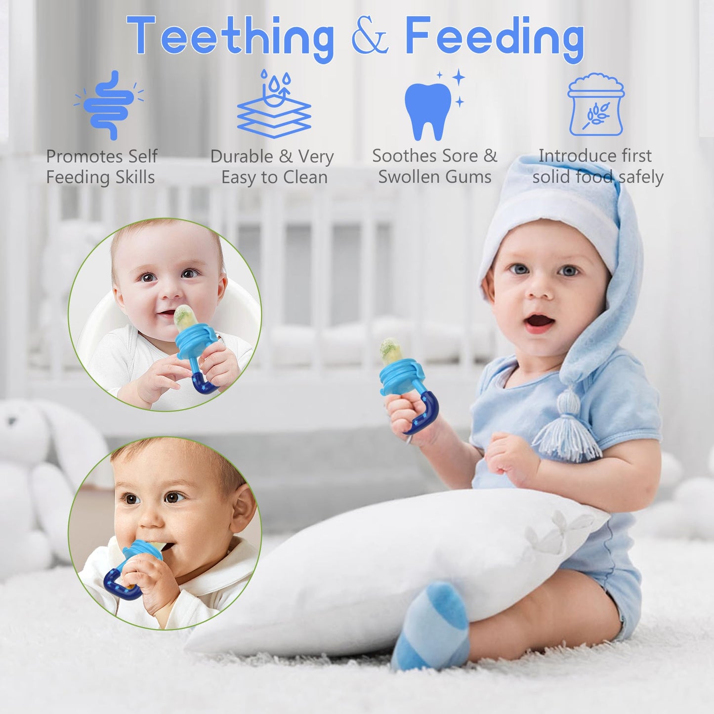 WAJIAYON Baby Fruit Feeder Pacifier | Infant Food Feeder Pacifier & Food Dispensing Spoon | Fresh Fruit Teethers for Babies | Silicone Feeder Baby,Mesh Feeder Shower Gifts for Boys and Girls(Blue)