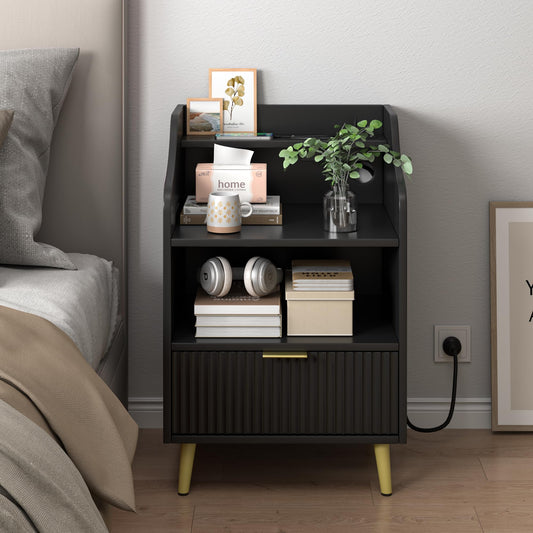 Fluted Nightstand with Charging Station, Modern Side Table with Storage, Wood Fluted End Table with1 Drawers, Bedside Table for Bedroom, Living Room (Black)
