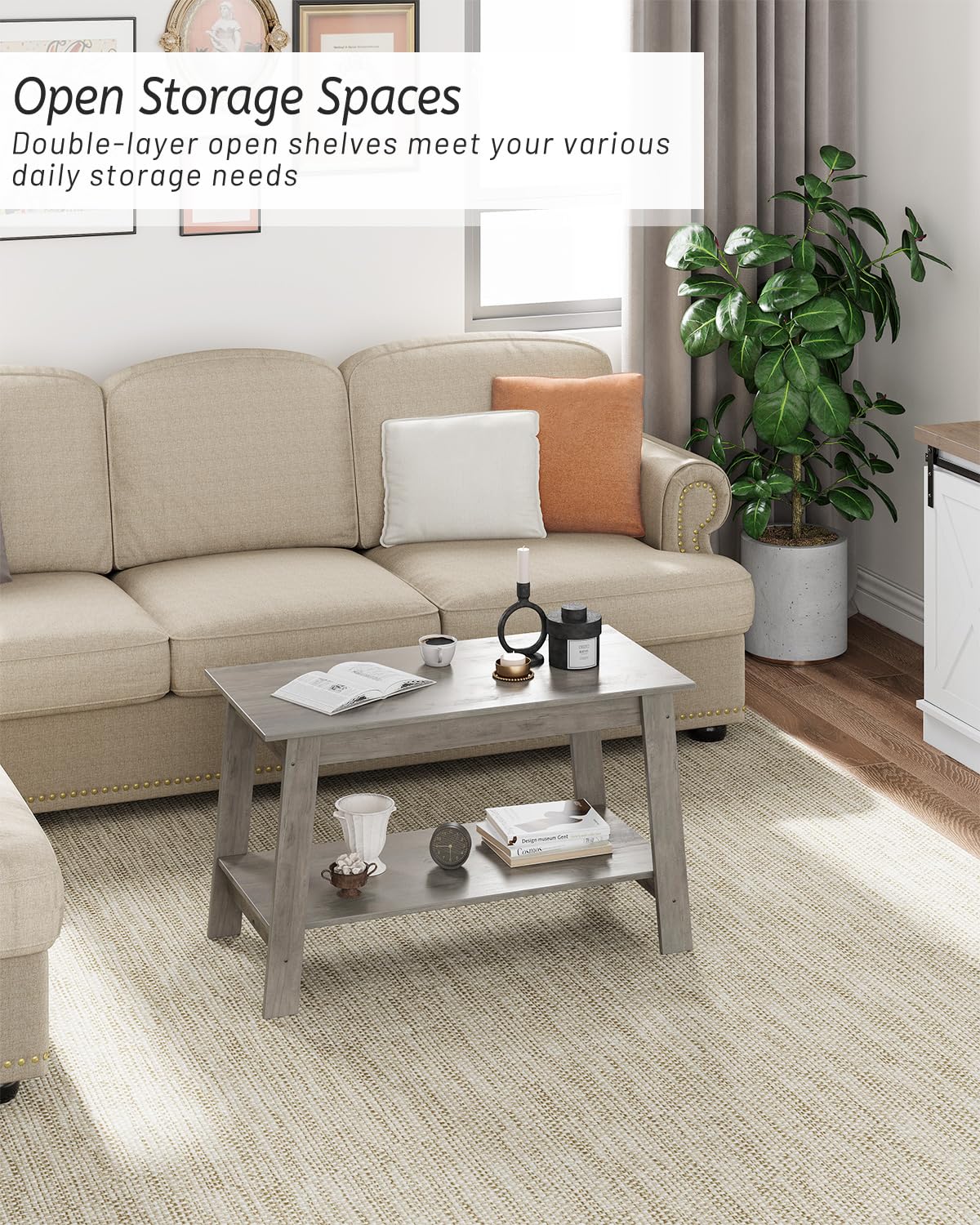 Coffee Table, Coffee Table for Living Room, Modern Farmhouse Coffee Table with Storage Shelf, 2-Tier Living Room Table Rectangular Center Table, Home Office Industrial Cocktail Tables, Grey