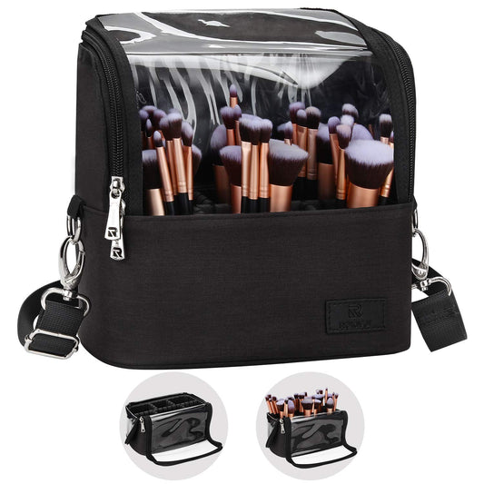 Makeup Brush Case Stand-up Makeup Cup Travel Professional Cosmetic Bag Artist Storage Bag Large Makeup Brush Bag with Adjustable Divider (Large, Black)