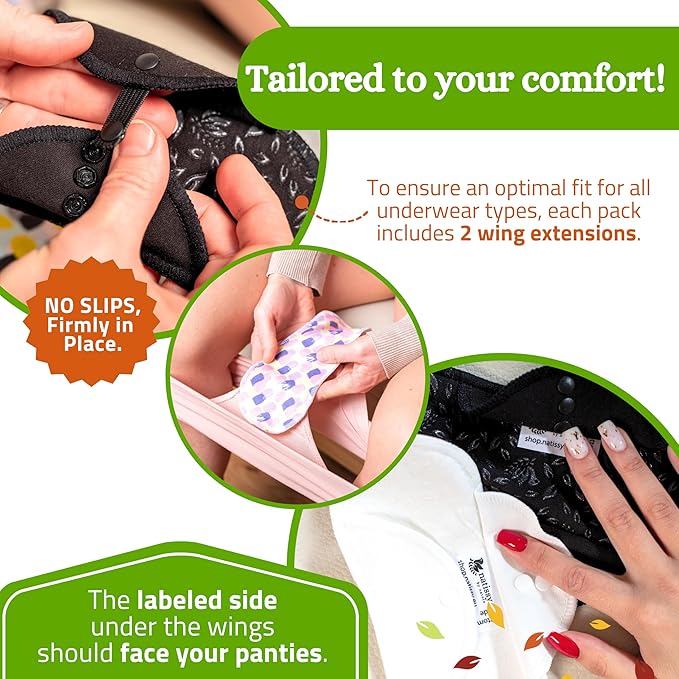 Non-Slip Organic Reusable Period Pads for Light Flow (S+M, 6-Pack); High-Temp Washable Cotton Cloth Pads for Women & Teens; Non-Irritating, Soft Reusable Pads Menstrual for Comfortable Period Care