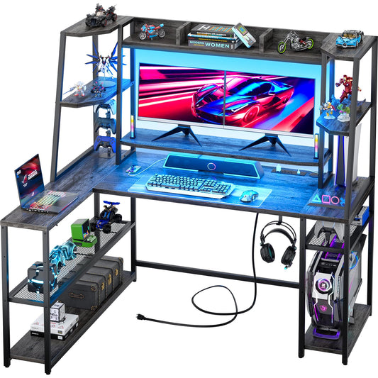 Cyclysio 63" L Shaped Desk, L Shaped Gaming Desk with Led Lights and Charging Station, Gaming Desk with Shelves Hutch and Monitor Stand, Grey Oak