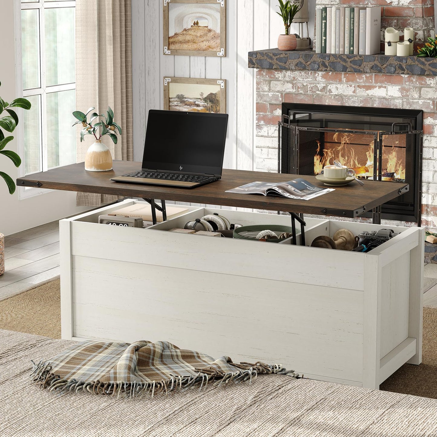 Furnihold 47.3'' Lift Top Coffee Table with Storage, Modern White Coffee Table with Sliding Barn Doors, Farmhouse & Rustic Rectangle Center Table for Living Room, Office, Brown Top