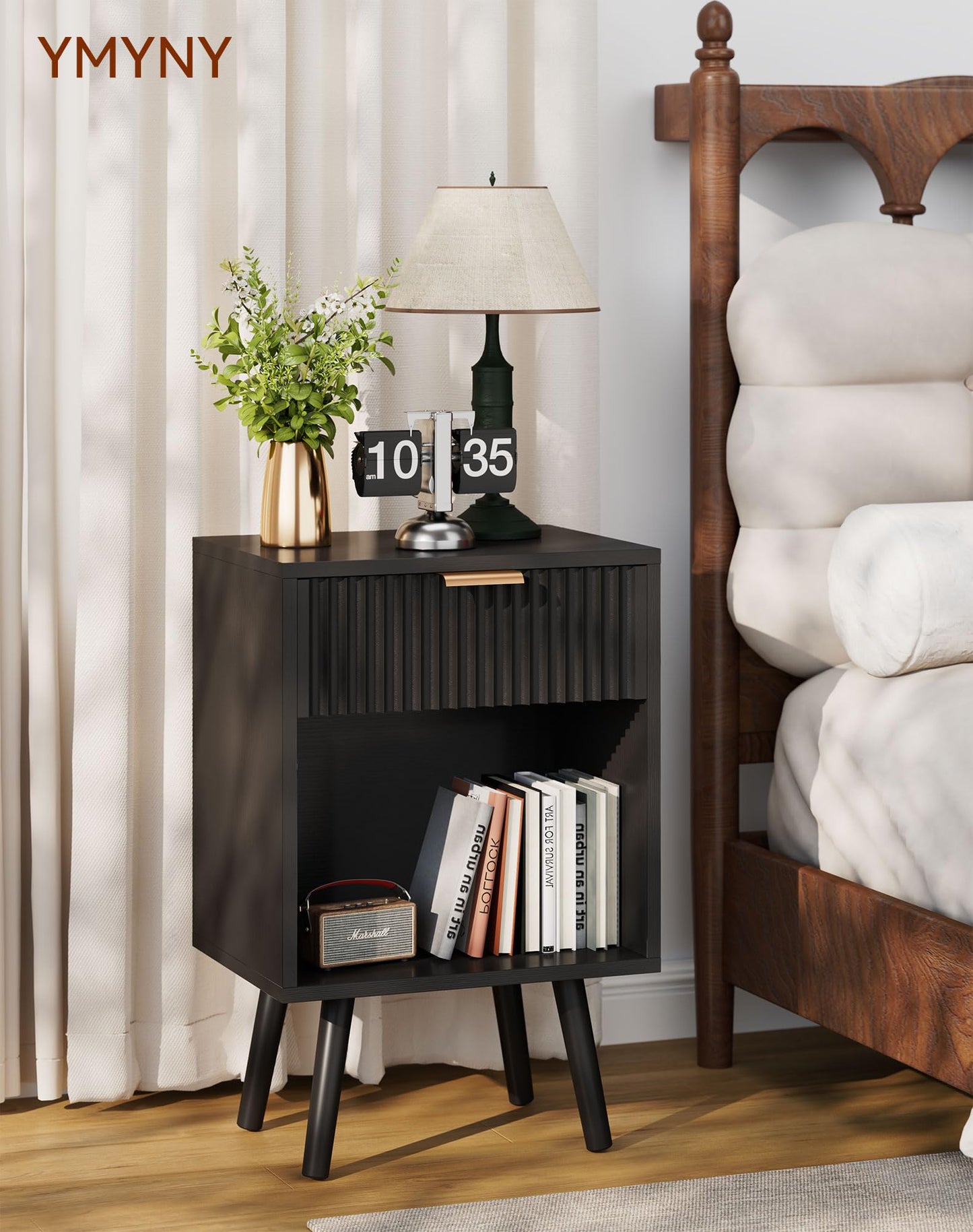 YMYNY Mid Century Modern Nightstand, Side Table, Fluted Night Stand with Drawer, Open Shelf Unit, Golden Handle, Solid Wood Legs, Bedside Table, for Bedroom, Black UHST013B