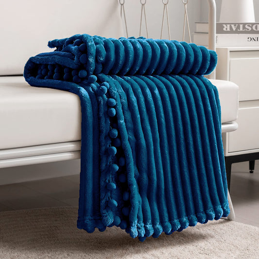 DISSA Fleece Blanket Throw Size – 51x63, Blue – Soft, Plush, Fluffy, Fuzzy, Warm, Cozy – Perfect Throw for Couch, Bed, Sofa - with Pompom Fringe - Flannel Blanket Throw Blanket
