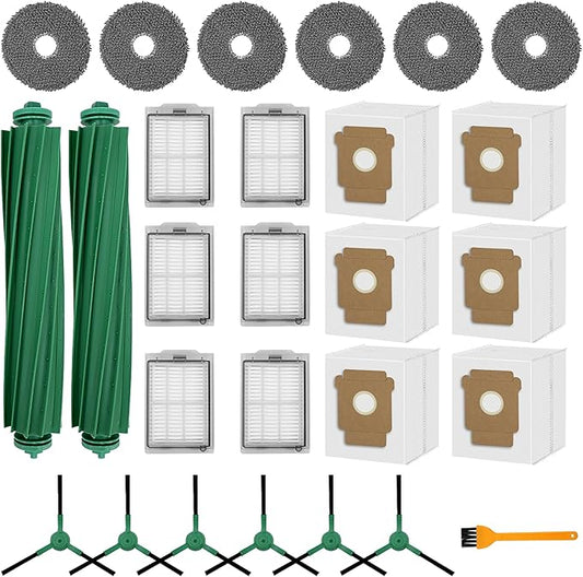 26 Pack Replacement Kits for irobot Roomba Plus 405 Combo & 505 Combo Vacuum Cleaner, 2 Roller Brush, 6 Filters, 6 Side Brush, 6 Mop Pads, 6 Vacuum Bags Replacement Parts, 1 cleaning brush