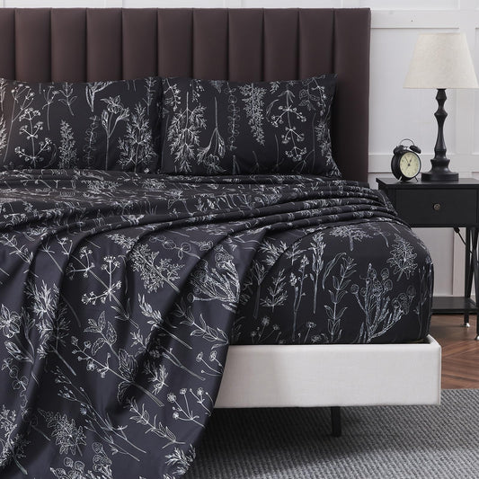 HYPREST Black Sheets Queen,Deep Pocket Sheets, 1800 Thread Count Pattrn Bed Sheets Soft Breathable Cute Printed Boho Farmhouse Bed Sheets, Oeko-Tex Certificated- Up to 18 Inch