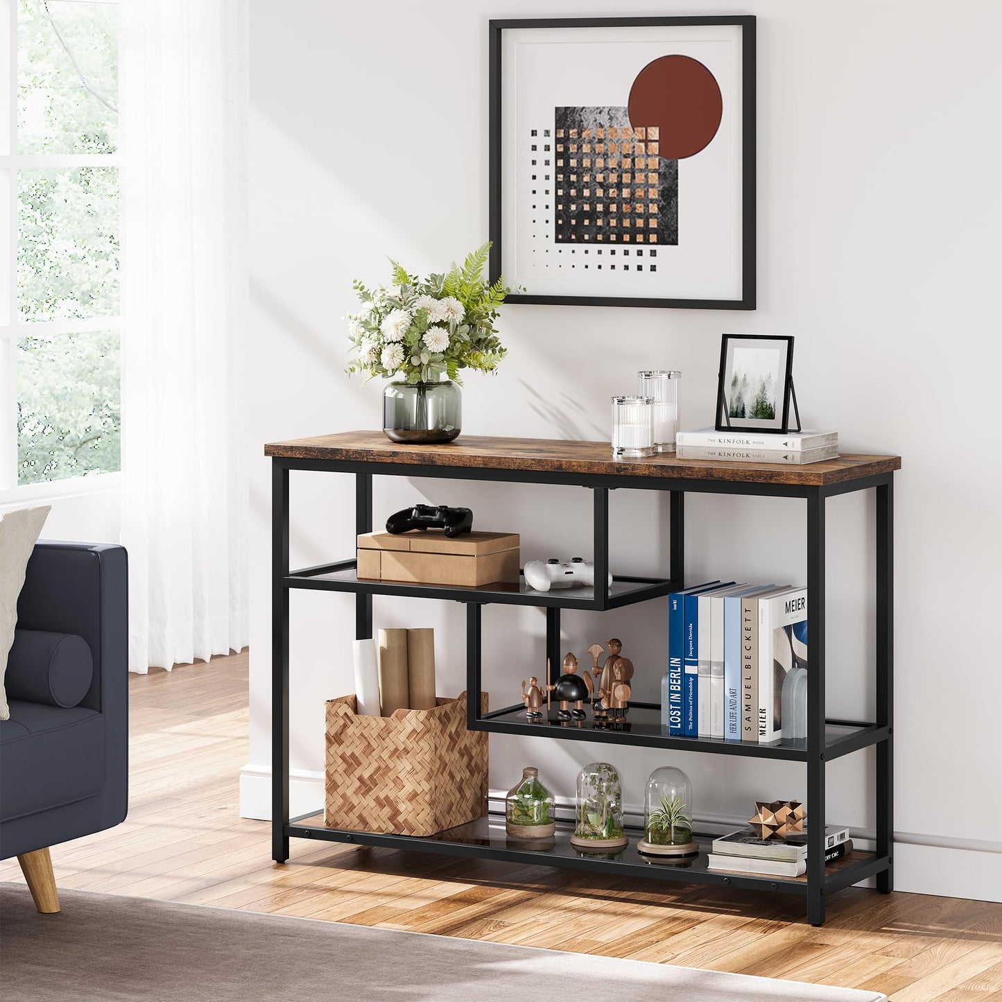 IDEALHOUSE 39.4" Console Table 4-Tier Narrow Entryway Table with Glass Storage Shelf and Metal Frame for Hallway, Living Room, Foyer, Bedroom, Corner Tables, Small Space Furniture, Rustic Brown