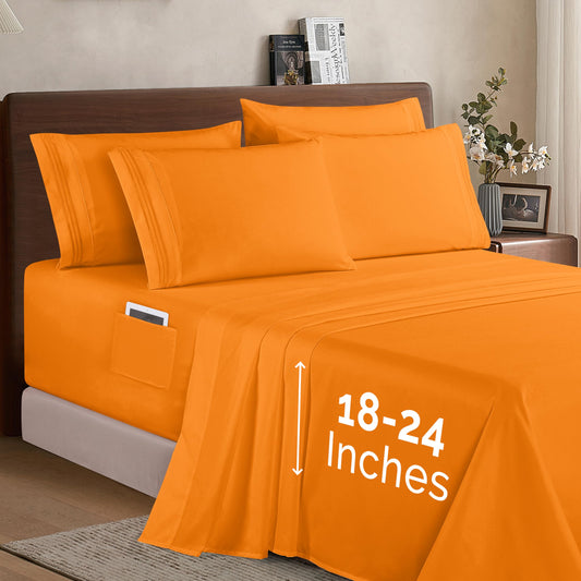 Elegant Comfort 1500 Premium Quality 6-Piece Bed Sheet Set - 18-24 Inch Extra Deep Pocket, Smart Storage Pockets, Wrinkle Free Ultra Soft 6PC Extra Deep Pocket Sheets, King, Orange