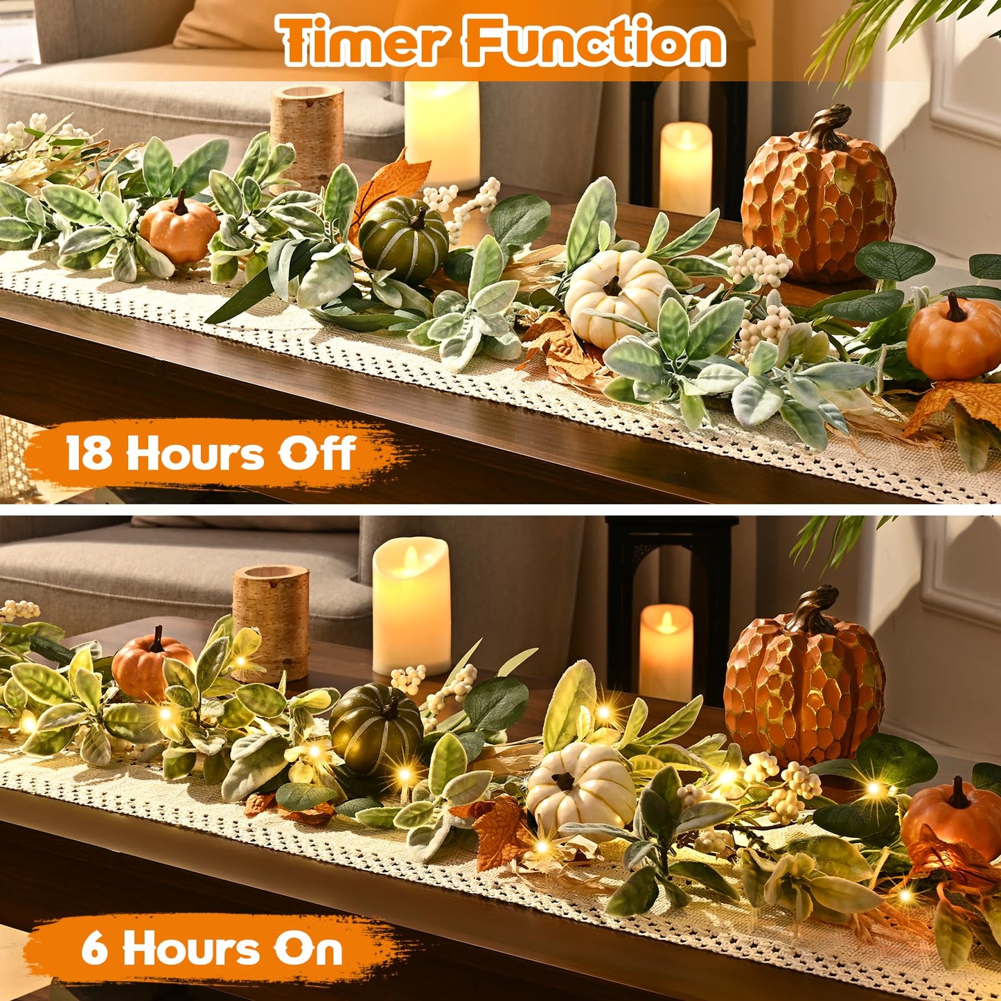 Fall Decor,Fall Garland for Mantel, 6 FT Fall Garland with Light, Lighted Autumn Garlands with Faux Lamb's Ear & Pumpkins, Thanksgiving Table Centerpiece, Fall Decorations for Home Porch Fireplace