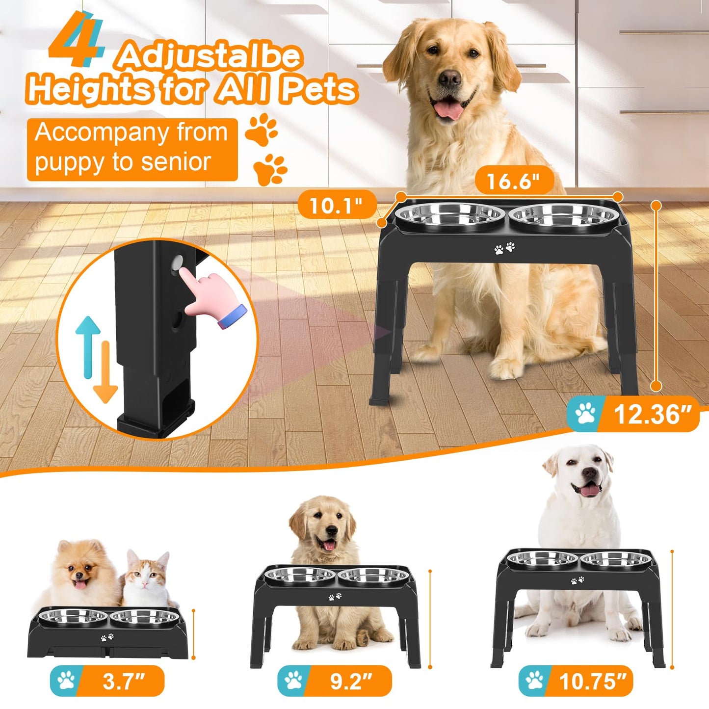 COMESOON Elevated Dog Bowls, 4 Height Adjustable Raised Bowl Stand with 2 Thick 50oz Stainless Steel Food Bowls Non-Slip Feeder Adjusts to 3.7'', 9.2'', 10.75'', 12.36'' Black, (DB-W01)