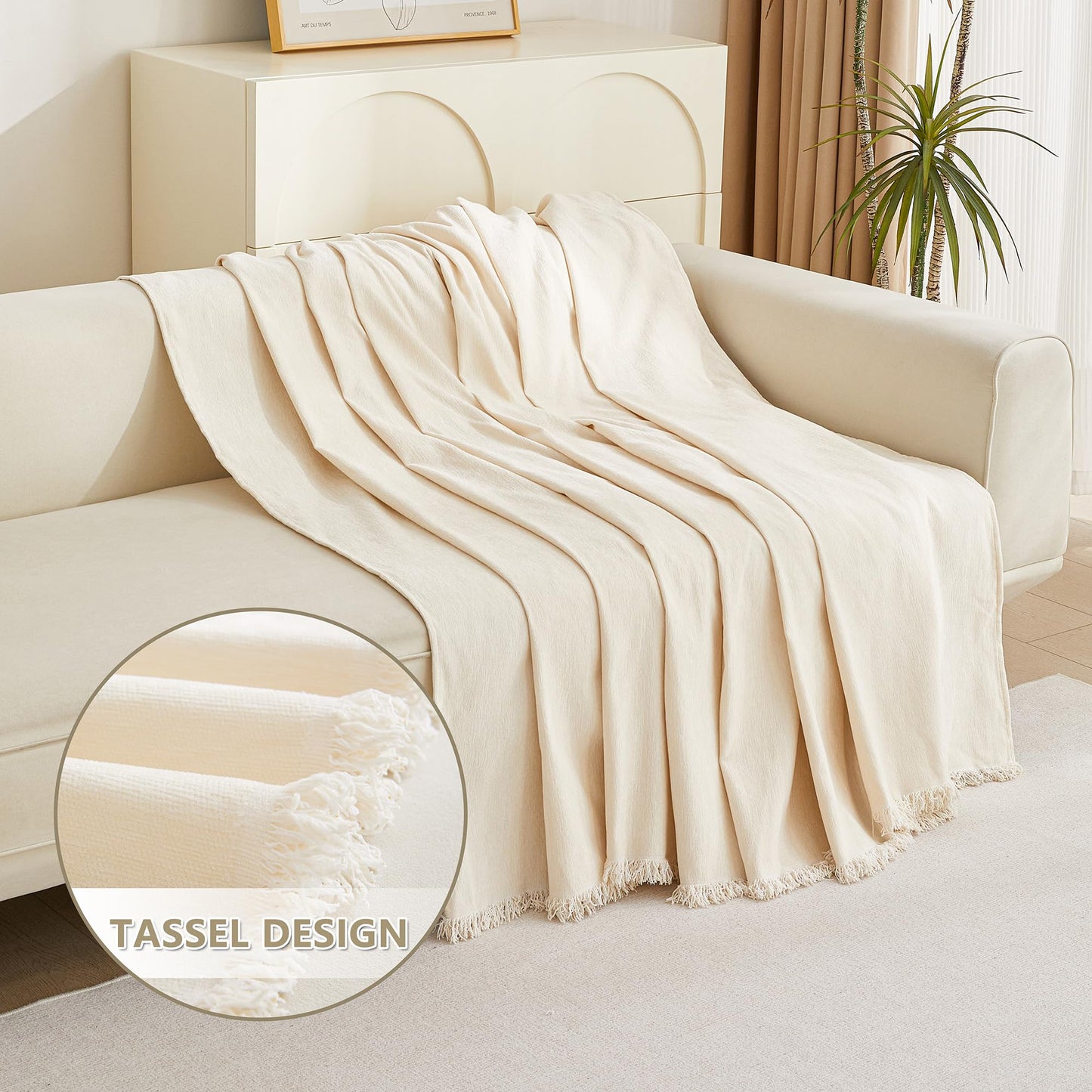 MYSKY HOME Loveseat Cover Beige Couch Cover Sectional Couch Covers for 2 Cushion Couch Sofa Thick Universal Chenille Sofa Cover with Tassel Durable Furniture Protector for Dogs 91" x 118"