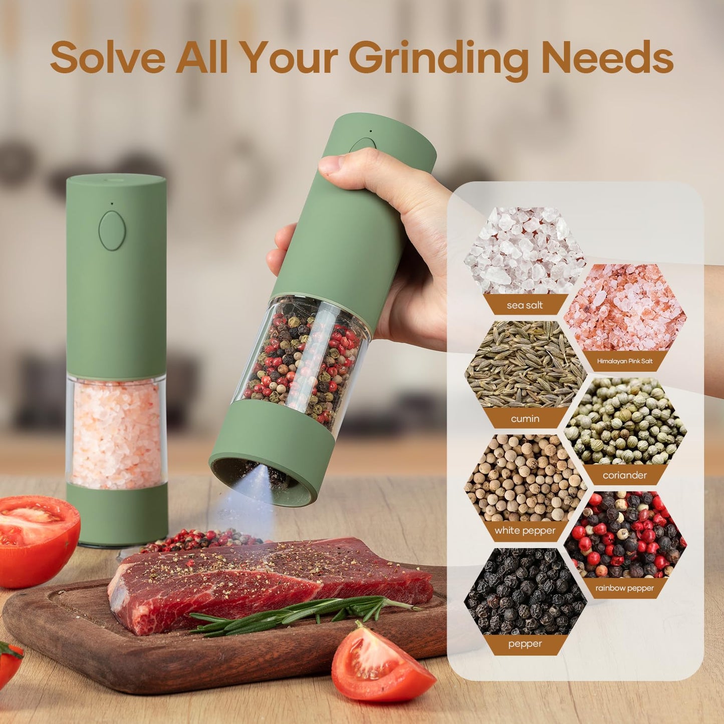 OPIIV Electric Salt & Pepper Grinder Set (2 Pack) – USB Rechargeable, Adjustable Coarseness, One-Handed Operation with LED Light – Automatic Spice Mill Shaker for Kitchen, Dining, or Camping