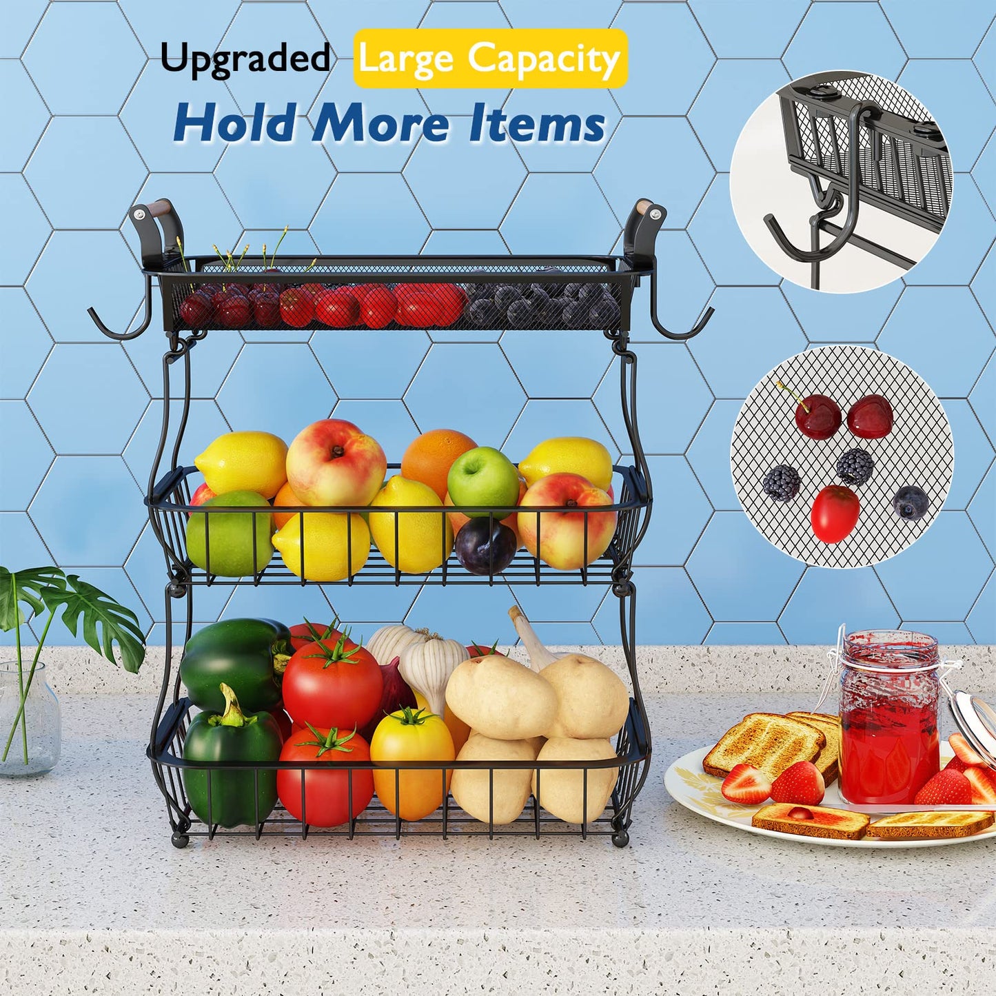 ANTOPY 3 Tier Fruit Basket with 2 Banana Hangers, Countertop Fruit Vegetable Basket Bowl for Kitchen Counter Metal Mesh Basket Fruits Stand Produce Holder Organizer for Onion Potato Bread Snack Veggie