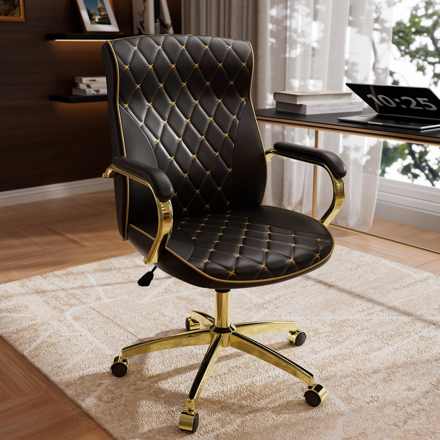 HomeZeer Black and Gold Office Chair with Soft Leather Embroidery, Mid Back Vintage Swivel Executive Desk Chair with Wheels and Padded Arms, Adjustable Height