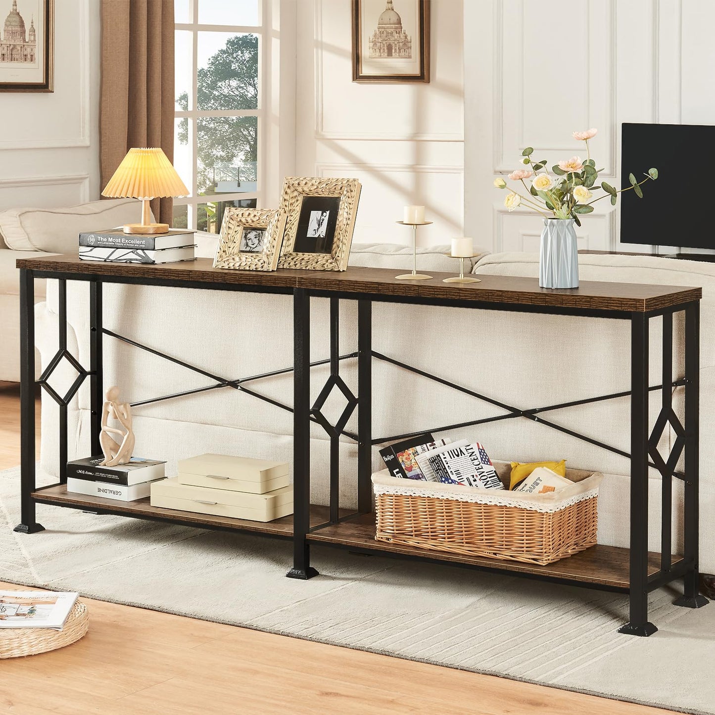 HOMISSUE Long Entryway Console Table, 70.9" Industrial Narrow Sofa Tables Behind Couch with 2 Tier Storage Shelf for Hallway, Living Room, Rustic Brown
