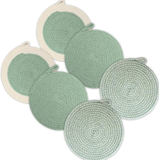 Encasa XO Round Trivet Mats for Hot Dishes with Hanging Loop | Sage Combo - Set of 6 with 7 inch Diameter | Cotton Round Thick Heat Resistant Pot Holders | Use Hot Pads Plate Mats for Hot Pots & Pans