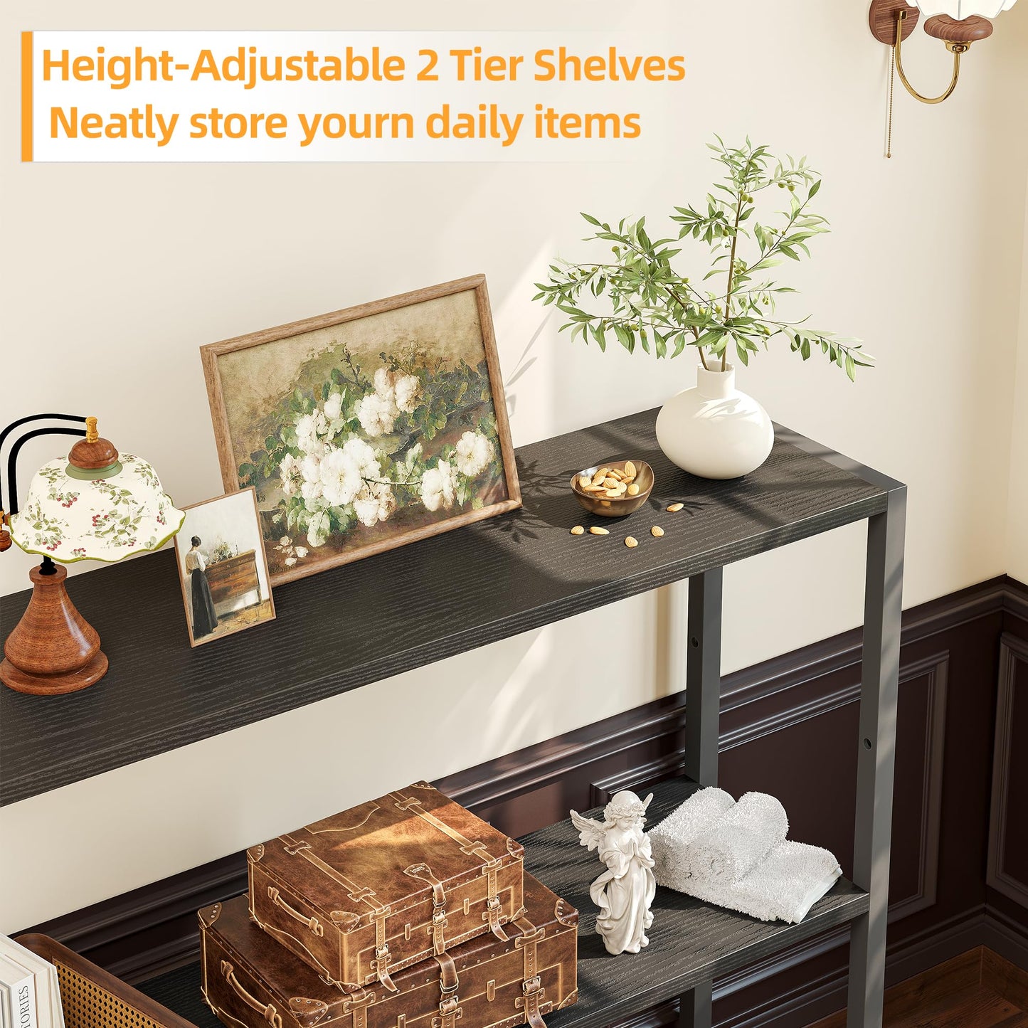 TIQLAB Small Entryway Table, 29.5" Narrow Console Table with Shelves, Sofa Table, Couch Table, Side Table, Entry Table for Hallway, Living Room, Small Space, Black