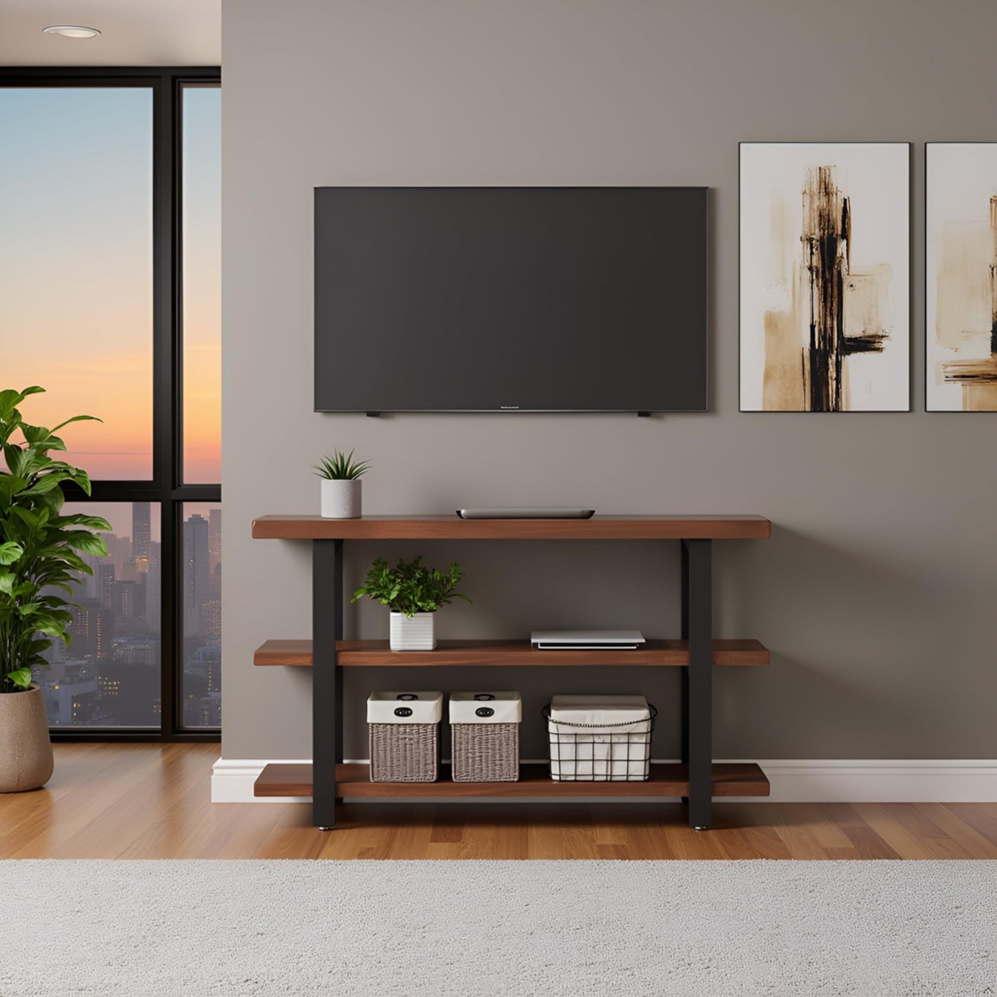 Alaterre Furniture Pomona 48" Solid Pine Wood Media Console Table with 2 Open Shelves and Metal Legs - 3-Tier Storage Display and Rustic Industrial Accent Furniture in Natural Finish
