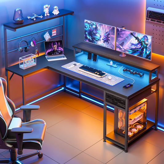 EnHomee L Shaped Gaming Desk with LED Light & Power Outlet, Reversible Computer Desk with Hutch & Drawer, Home Office Desks with Hooks & Monitor Stand, Black
