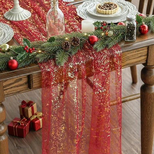 Artoid Mode 6PCS Red Gold Gauze Table Runner 120 Inch 10FT, Glitter Metallic Foil Sheer Dining Wedding Anniversary Holiday Table Decor for Home Party
