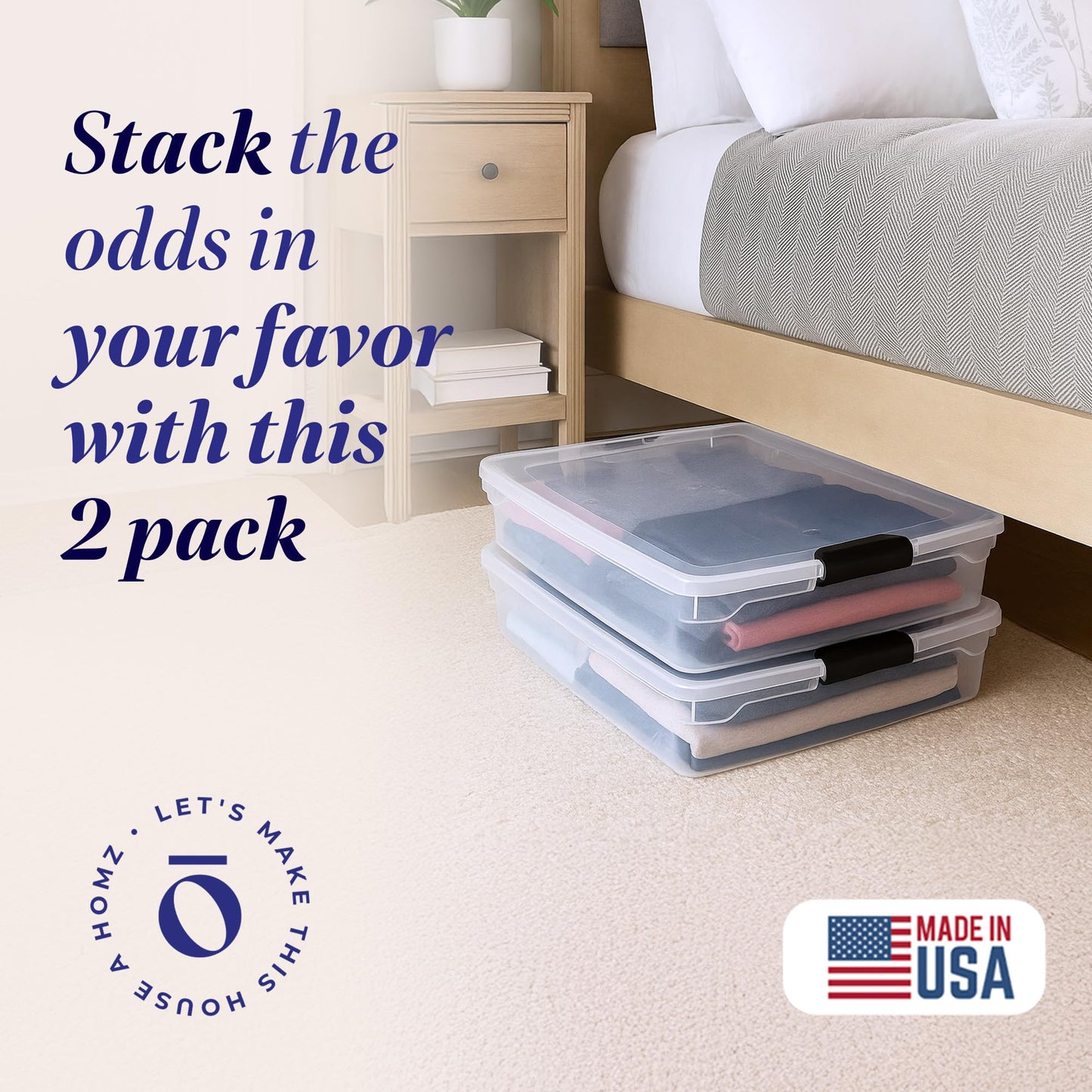 HOMZ 2-Pack Under Bed Storage, Clear Plastic Containers with Lids, 56 Quart, Gray Latch - Stackable Underbed Organizer Bins for Shoes, Bags, Clothes, and Towels