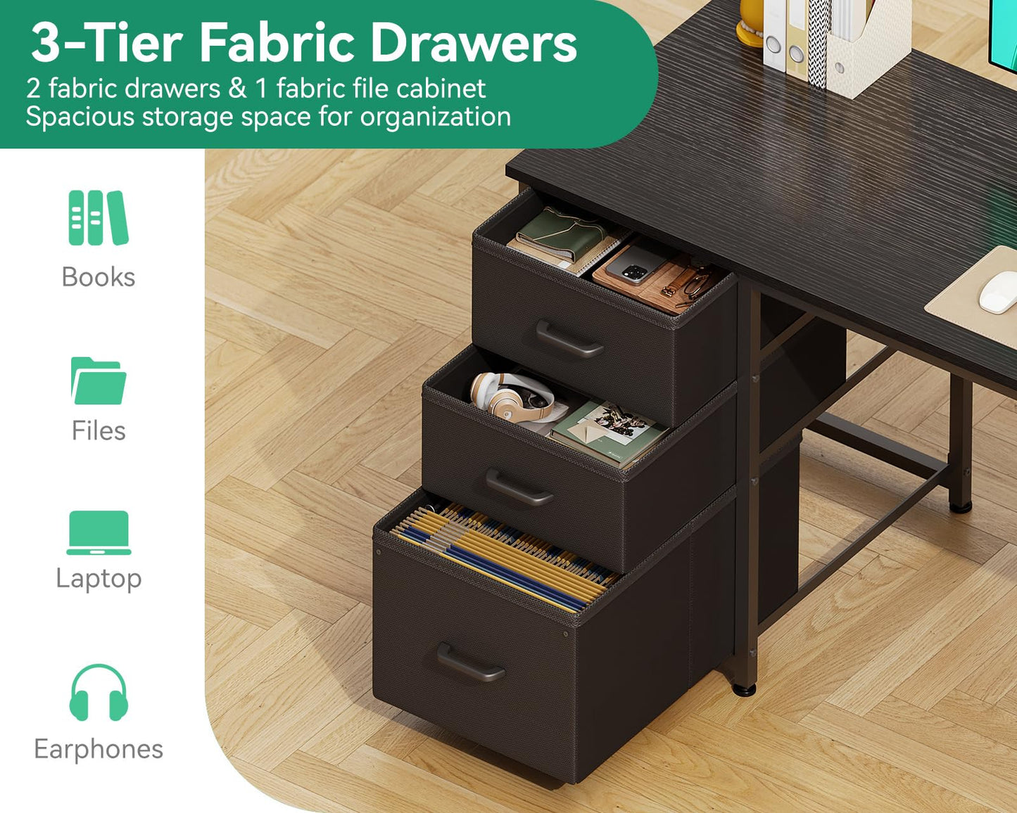 AODK 51 Inch Computer Desk with Fabric Drawers & USB Power Outlets, Reversible Home Office Desk with Storage Shelves, Work from Home, Modern Work/Writing/Study Table for Bedroom, Black