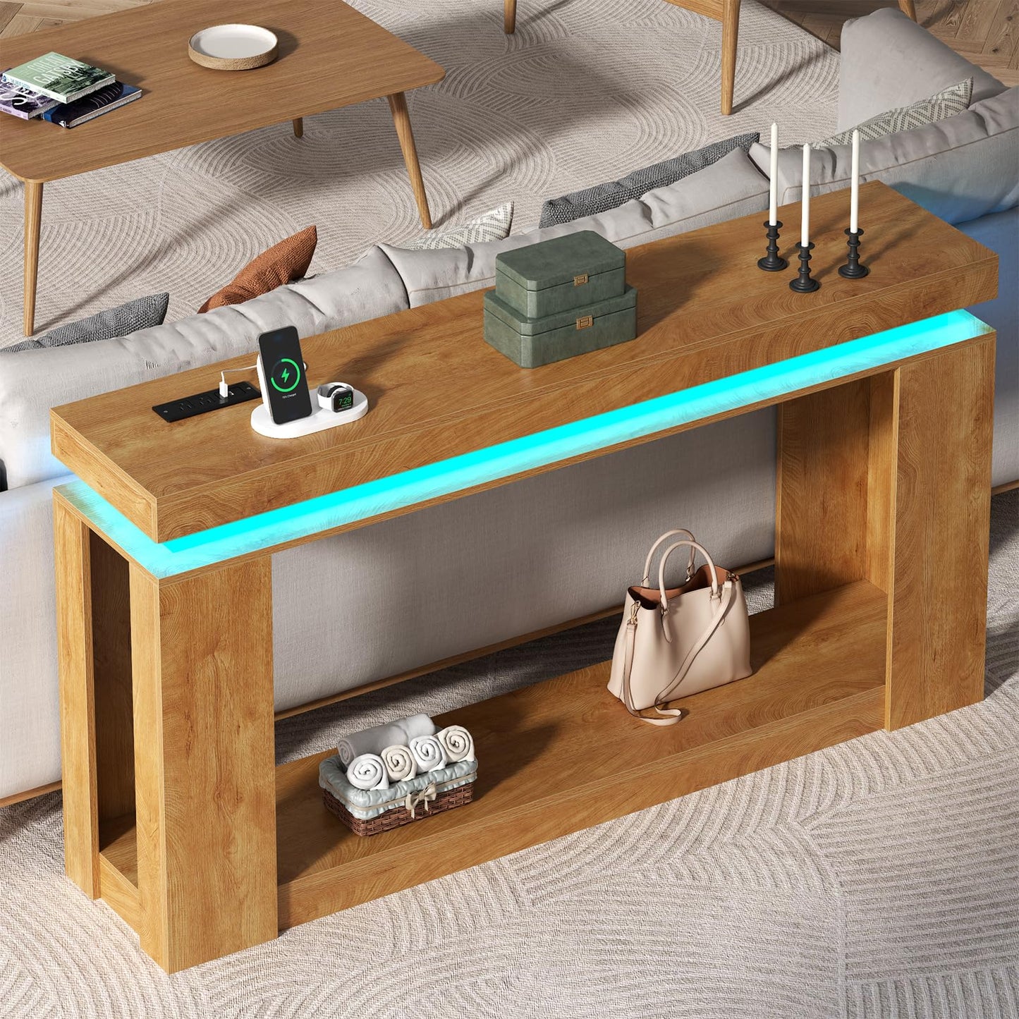 Loomie 63" Long Console Table with LED Lights & Power Outlet, 2-Tier Farmhouse Sofa Table Behind Couch with Storage, Narrow Entryway Tables with Heavy Duty Base for Living Room, Hallway (Natural)
