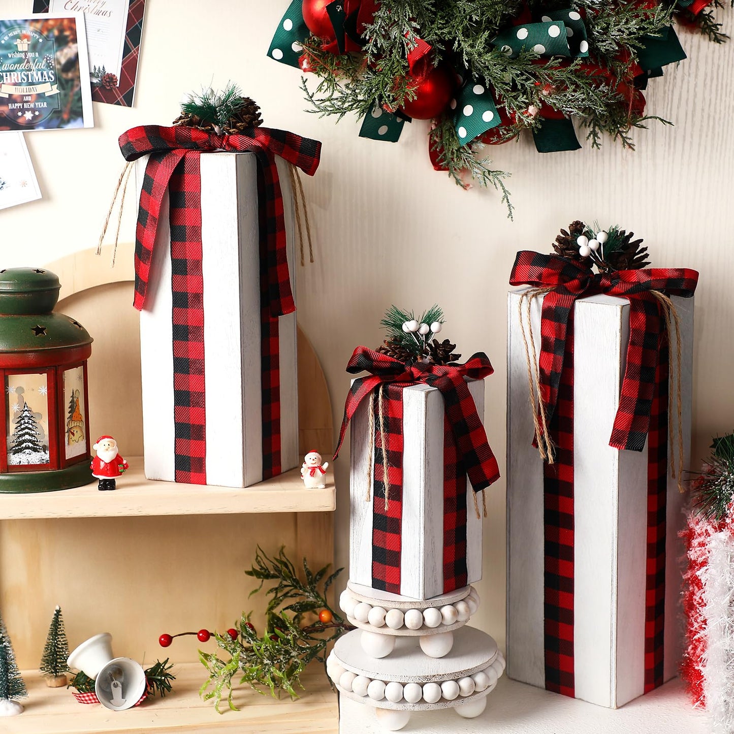 Huwena 3 Pcs Large Christmas Rustic Wood Presents 3 Sizes Christmas Table Centerpieces Christmas Tiered Tray Decor Gift Christmas Xmas Decor Wooden Faux Blocks with Buffalo Plaid Bowknot for Holiday