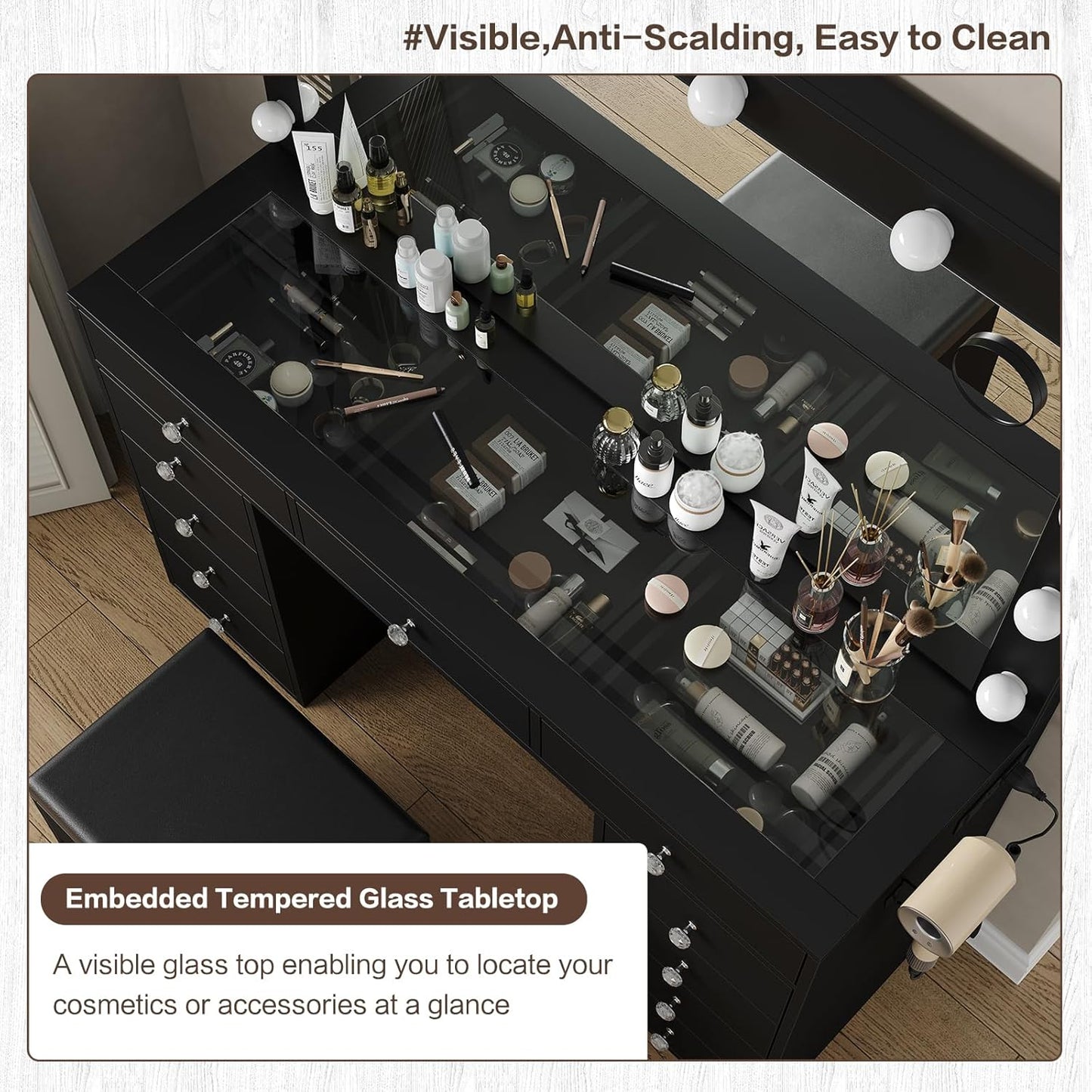 Vanity Desk & Power Outl, Makeup Table with Mirror and 12 LED Lights, Makeup Table with 11 Drawers, 3 Lighting Modes Brightness Adjustable(Black)