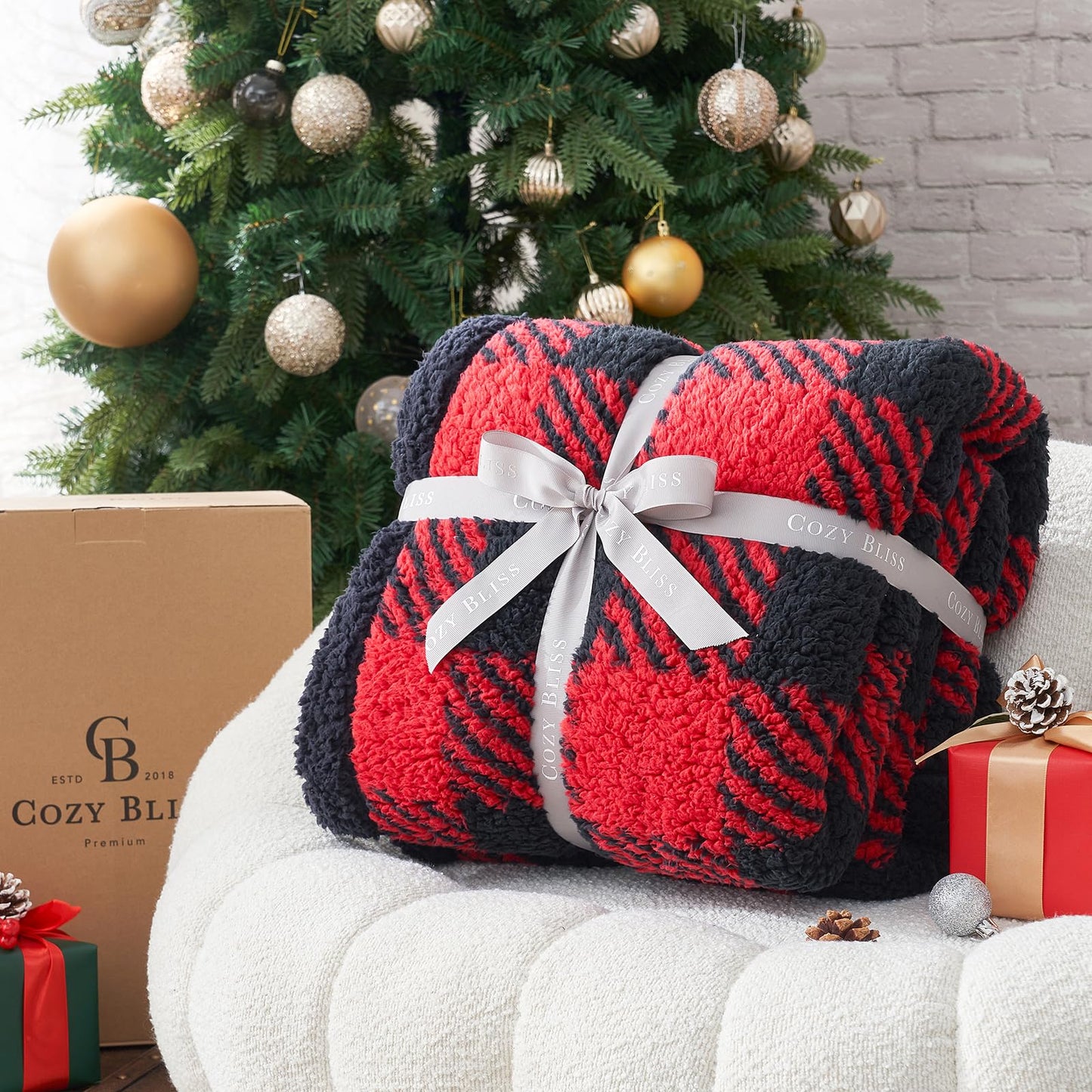 Cozy Bliss Ultra Soft Reversible Double Sherpa Sided Blanket, Buffalo Plaid Throw Blanket Fluffy Thick Warm Plush Fuzzy Blanket for Couch, Bed and Gifts (Red/Black Buffalo Check, 50" x 60")