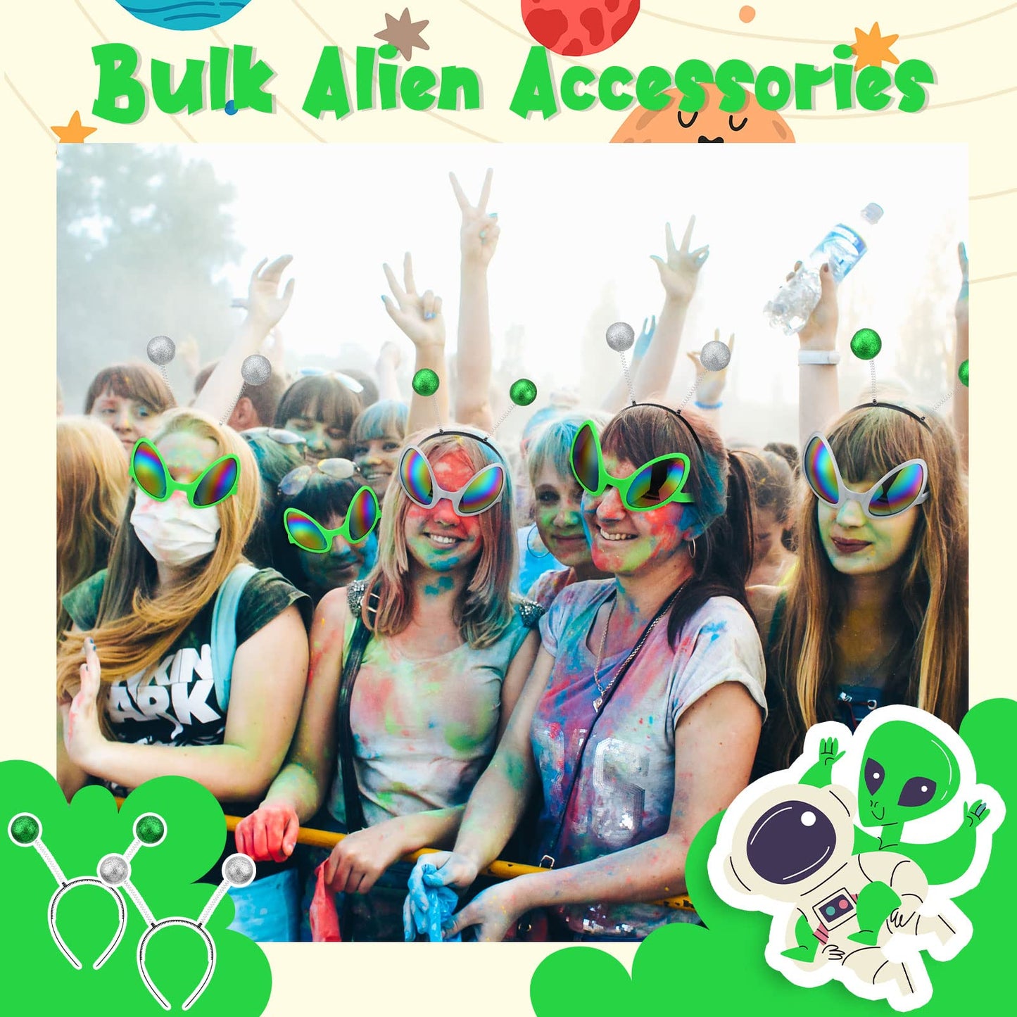 Yuxung 48 Pcs Alien Glasses and Headband Set Alien Rainbow Lens Sunglasses Glasses Boppers Antenna Glitter Martian Headband