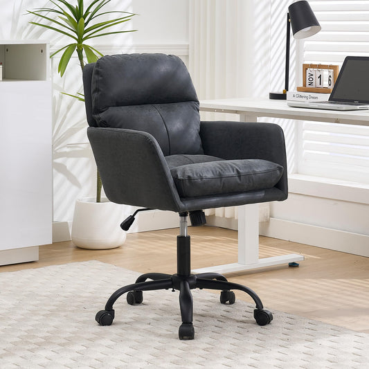 YITAI Adjustable Home Office Desk Chair with Comfy Square Mid-Back, Faux Leather 360 Swivel Upholstered Task Armchair with Wheels for Vanity Bedroom/Living Room,Study Black