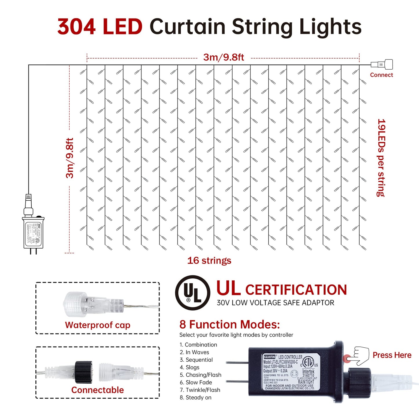 HEYFUNi Curtain Lights Plug in, 304 LED 9.8ftX9.8ft Window Light with Memory& 8 Modes, Connectable Waterproof Fairy Curtain Lights for Bedroom Backdrop Outdoor Indoor Dorm Decorations (Cool White)
