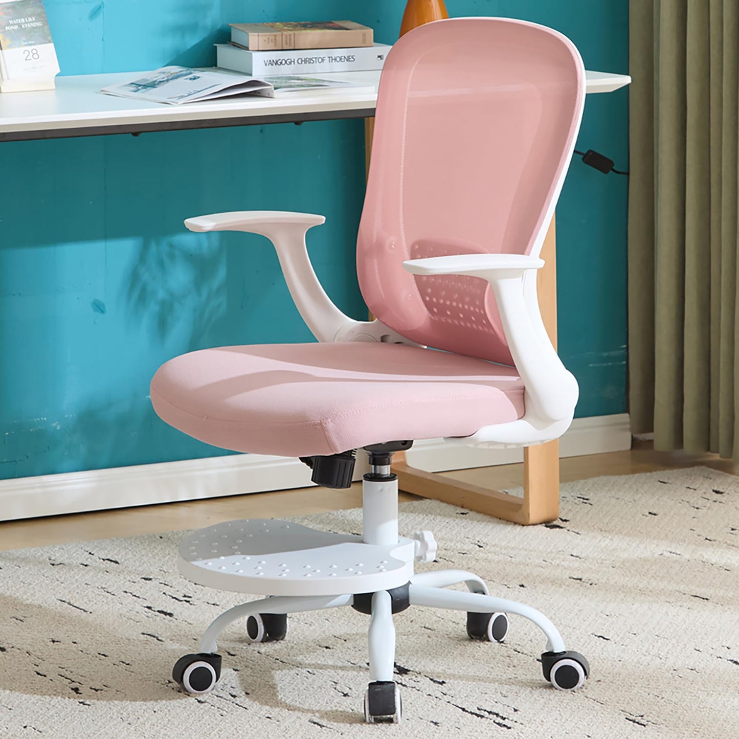 SOLLATI Kids Desk Chair Ergonomic Study Chair Swivel Mesh Desk Chair with Adjustable Arm Height Footrest Wheel Computer Home Office Chair for Children Boys Girls Students Bedroom School Age 5-13 Pink