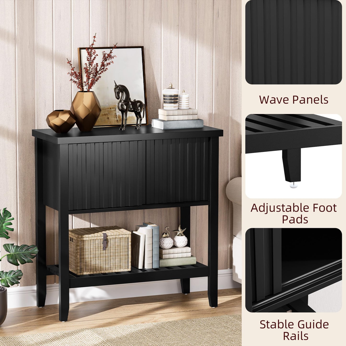 FJTFORME 31.5" Black Entryway Console Table with Sliding Drawer Doors, Narrow 2-Tier Sofa Table with Storage Shelf for Hallway, Living Room, or Office