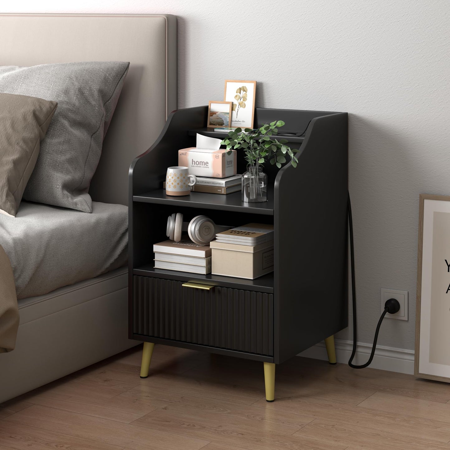 Fluted Nightstand with Charging Station, Modern Side Table with Storage, Wood Fluted End Table with1 Drawers, Bedside Table for Bedroom, Living Room (Black)
